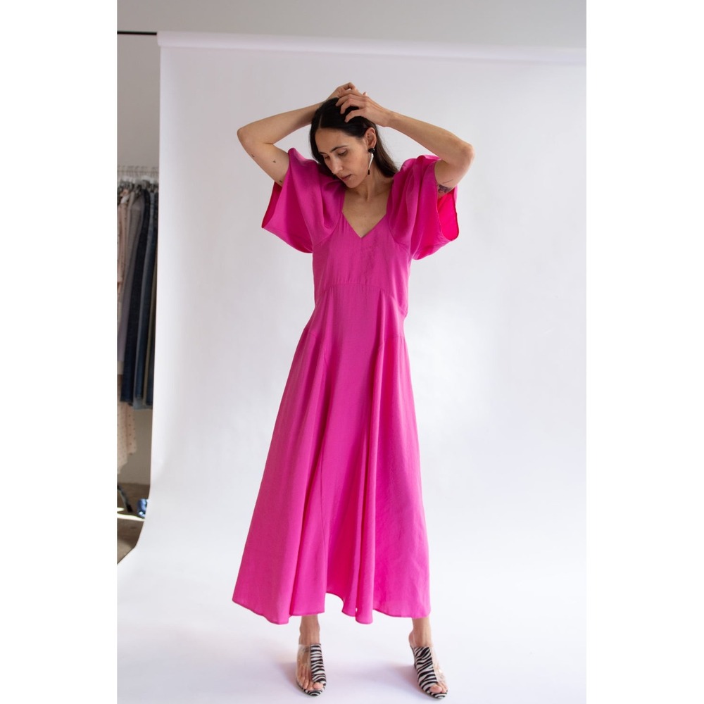 Mr. Larkin Lexi V-Neck Dress XS Argon Pink Maxi Statement Sleeves